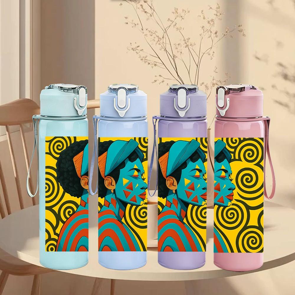 1PC African Face Swirl Color Art 750ml Color Plastic Sports Water Bottle Leakproof Flip Straw Lid Suitable for Sports Office Home Use