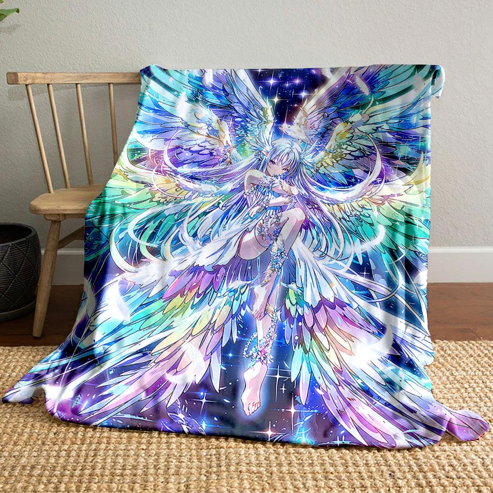 Rainbow Angel with Glittering Wings Patterned blanket, flannel, suitable for all seasons, home decor, warm and cozy