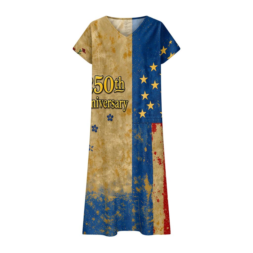 Women’s V Neck Short Sleeve Maxi Dress with 1776 America Print Gradient Hem and Floral Graphic Casual Loose Fit