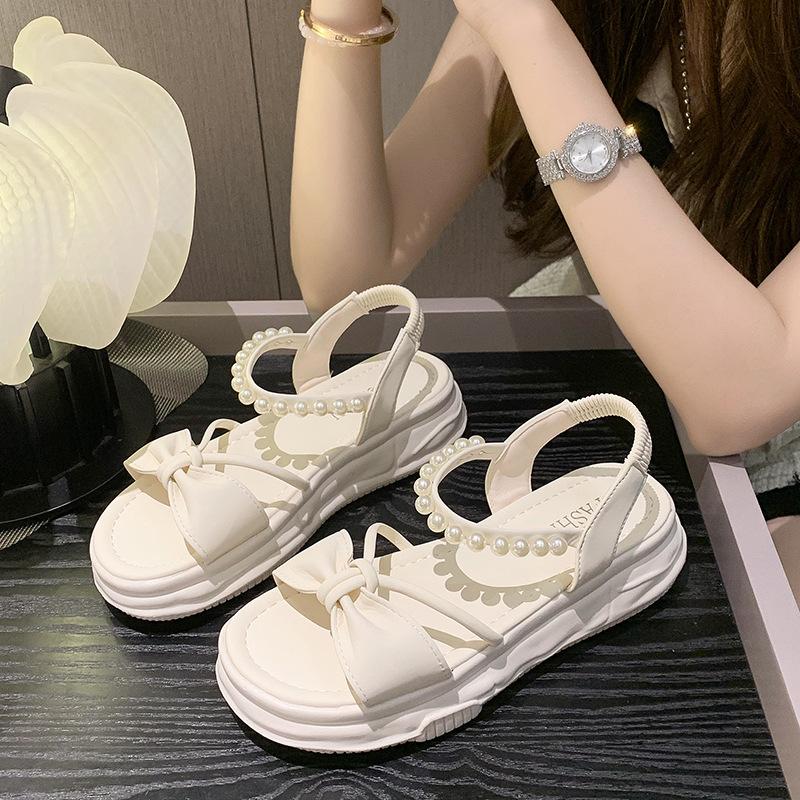 Sandals Female 2024 New Summer Bow Fairy Wind Platform Pearl Word with Fashion Open-toed Roman Women's Shoes