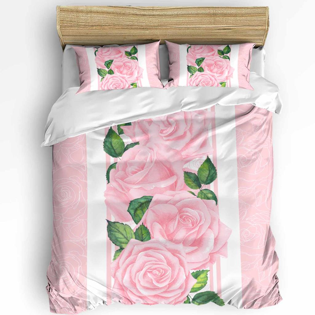 Modern Classic Double Pink Flower Rose Vintage With Pillow Case Custom 3pcs Bed Home Textile Quilt