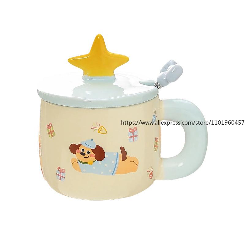 Милая керамическая кружка с щенком, крышкой и ложкой, чашка для воды с высоким внешним видом, чашка для завтрака дома, сувенир для девочки
