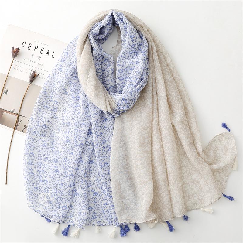 Синий шелковый шарф в стиле бохо с банановыми листьями - солнцезащитная шаль с кисточками