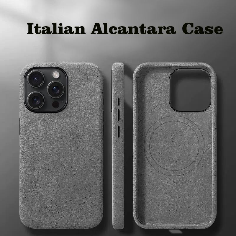 Italian Alcantara Phone Case for iPhone 16 Pro Max Luxury Business Leather Case for iPhone 16 Pro Back Cover Grey Color Magnetic