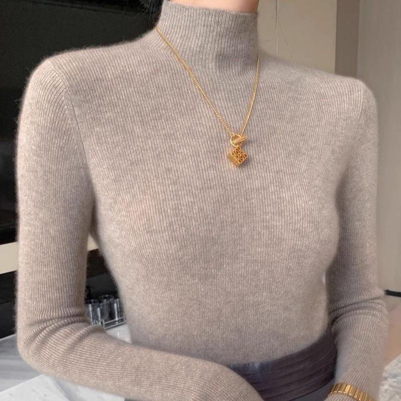 Женский многоцветный свитер с высоким воротником, облегающего кроя - Осенне-зимний трикотаж, Длинный рукав, Стиль темпераментный