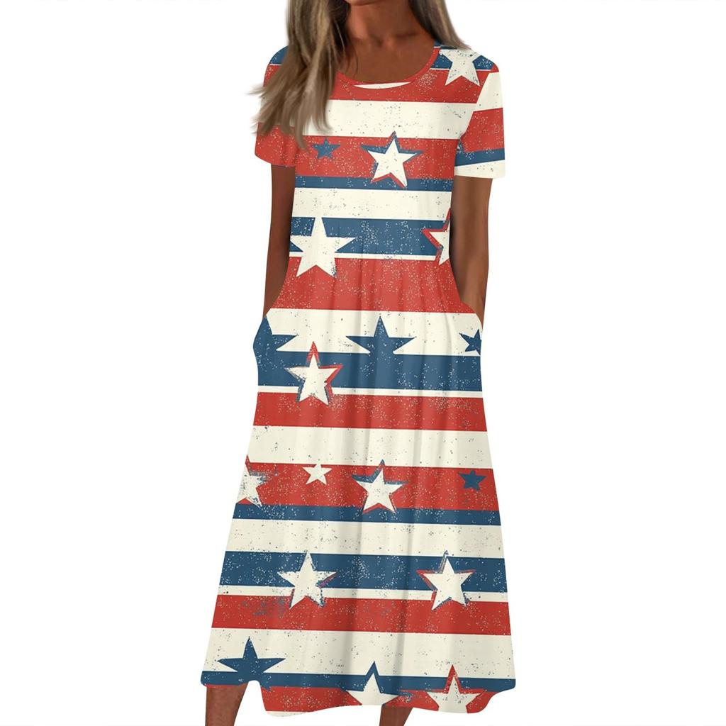 Женское летнее повседневное модное платье с коротким рукавом и карманом на День независимости с коротким рукавом