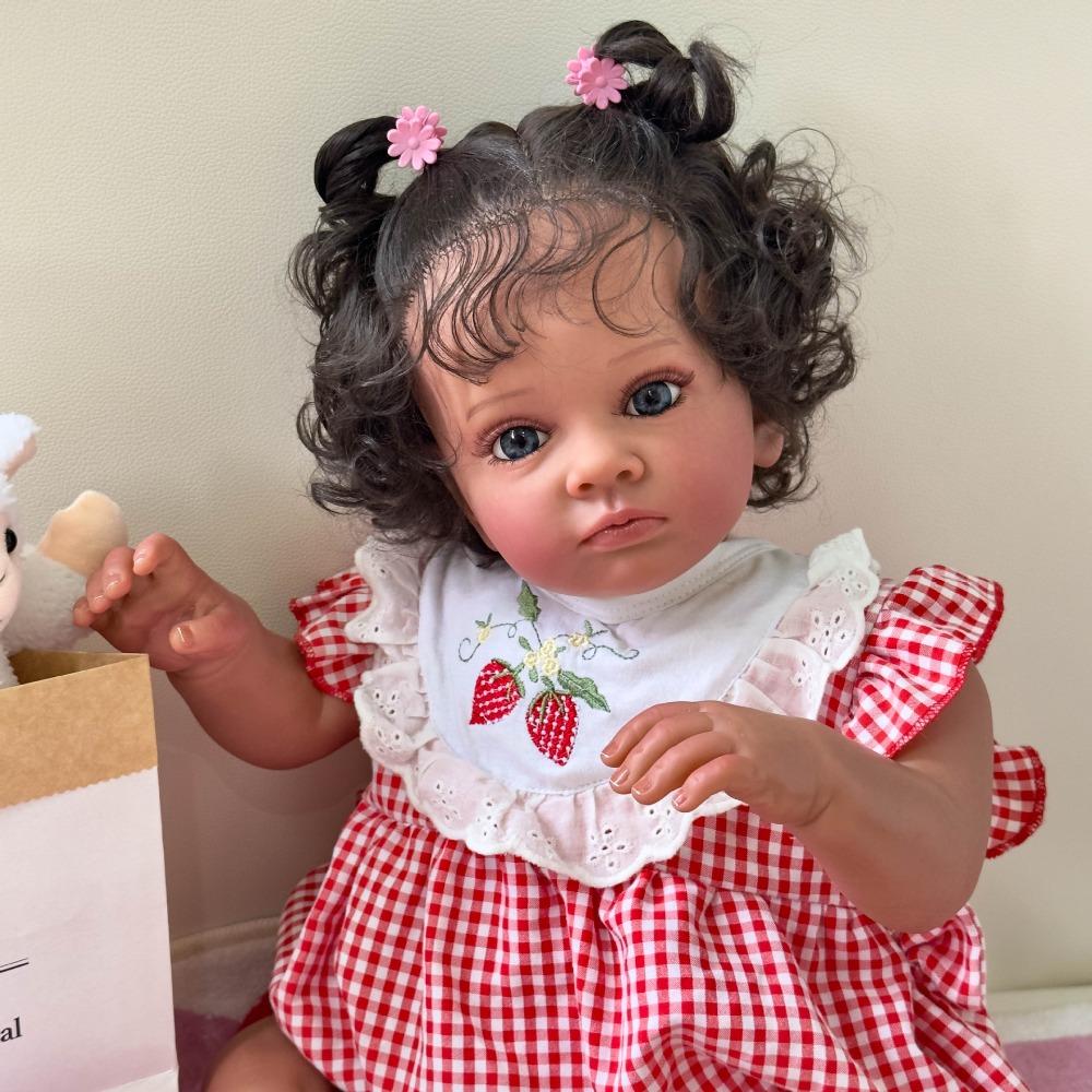 60cm Black Skin Reborn Doll Tutti Handmade 3D High Color Skin with Visible Vein Bloodshot Simulation Baby Doll Implanted Black Curly Hair Newborn Doll