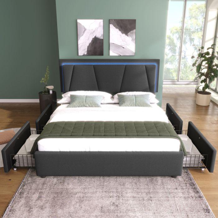 Lit - MUVOE - 140x200cm - Rembourré avec éclairage LED - Tête de lit réglable - 4 tiroirs de rangement