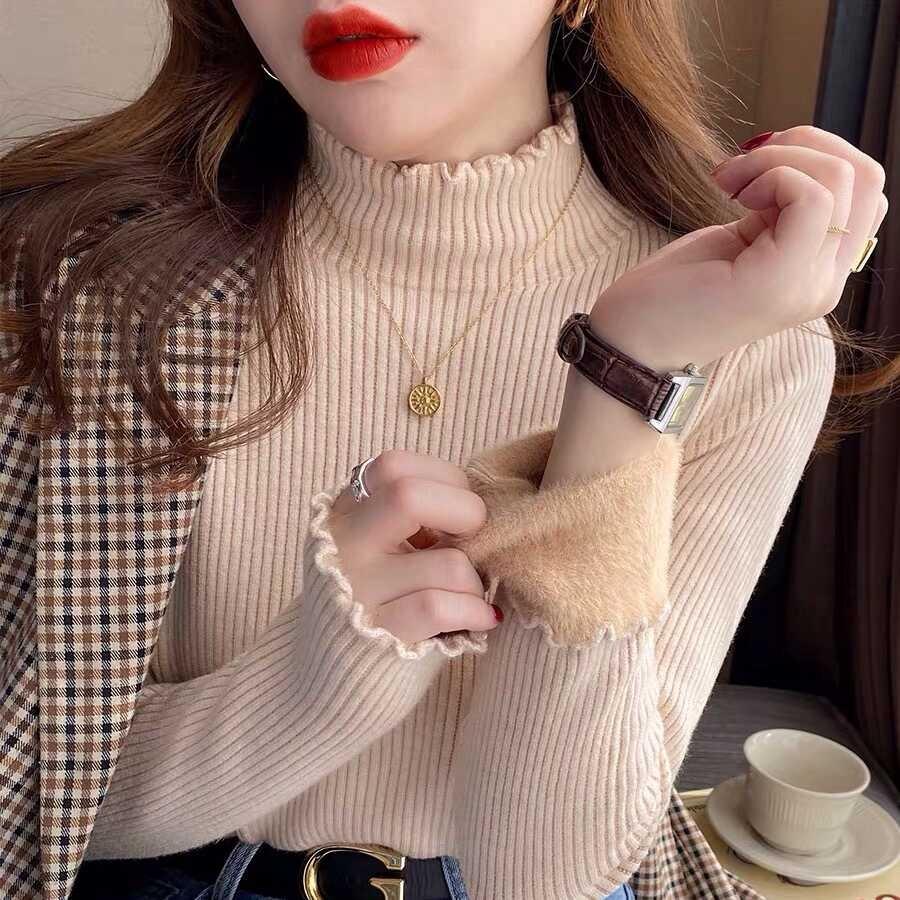 Повседневный бархатный теплый свитер, свитер для женщин, модный утолщенный полувысокий воротник, базовый осенний свитер, женские однотонные облегающие плюшевые зимние джемперы 25613