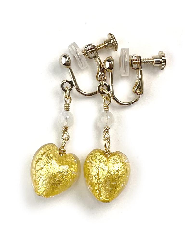 Venetian Glass Heart Gold Foil Moonstone Earrings with Silicone Natural Power Stone A1086 [Cherry] Cover, Stone,