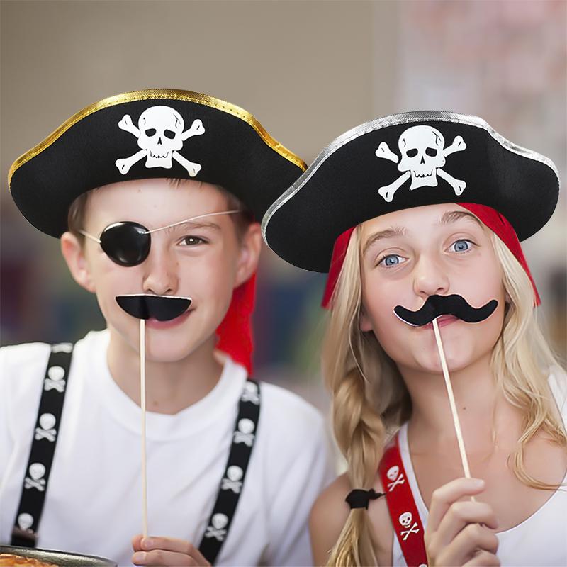 2Pcs/Set Pirate Hat And Pirate Skull Eye Patches Halloween Cosplay Captain Cap Headband For Adult Kids Birthday Party Decor Prop
