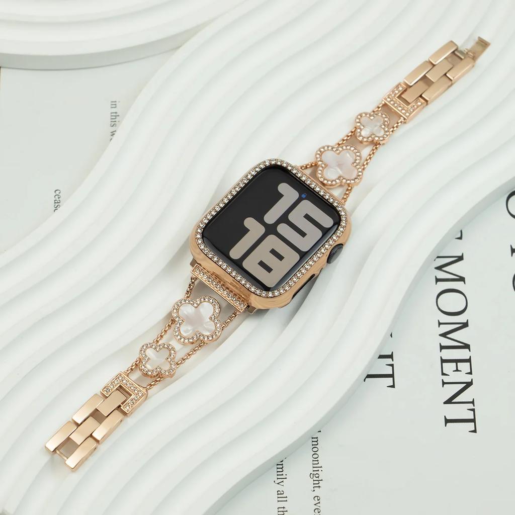 Ремешок для часов, металлический ремешок + корпус, женский браслет с бриллиантами, четырехлистный клевер для Apple Watch Band Ultra2 49 44 45 42 40 38 мм серии 9 8 7 SE 6 5 4 3