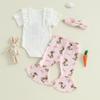 Baby Girls Easter Outfits Short Sleeve Letter Embroidery Romper with Bunny Print Flare Pants and Headband