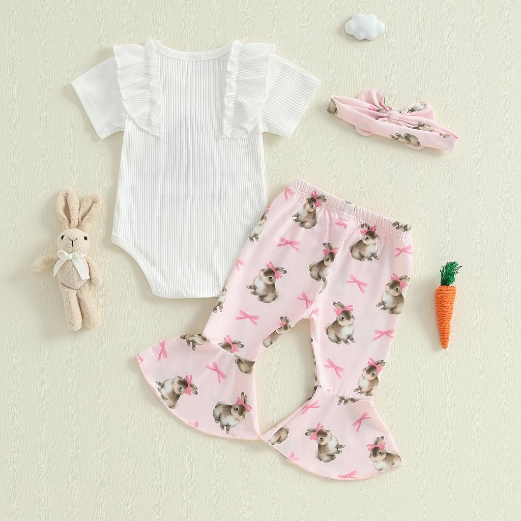 Baby Girls Easter Outfits Short Sleeve Letter Embroidery Romper with Bunny Print Flare Pants and Headband