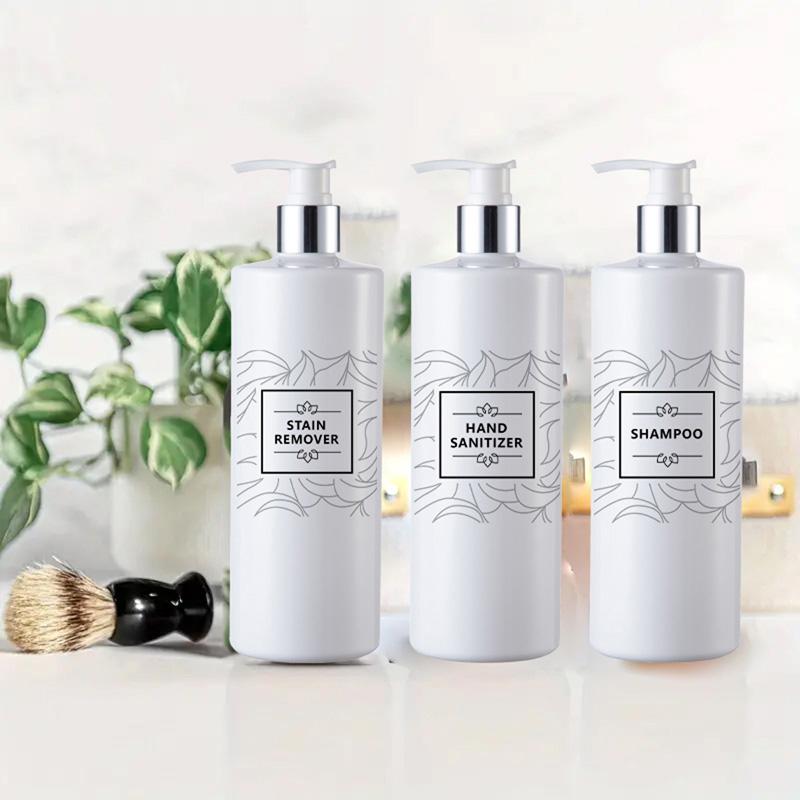Многоразовая круглая бутылка с насосом, 500 мл, с водонепроницаемыми этикетками для кухни, ванной комнаты, бутылки для шампуня и кондиционера в отеле