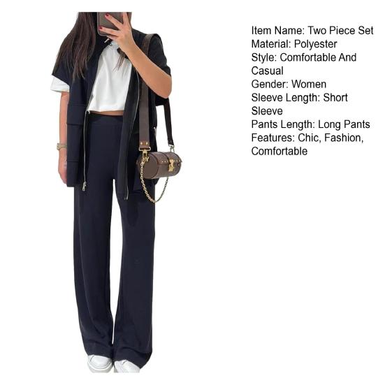 Women's Two Piece Outfit Casual Full Zip-up Short Sleeve Shirt And Wide Leg Pants Set Casual Lounge Tracksuit