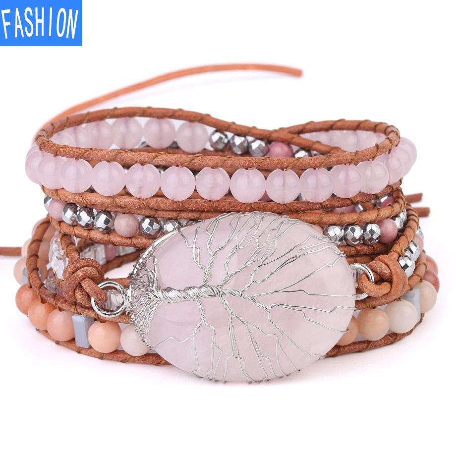 Life Layer Bracelet Multi Tree Wire Wraped Natural Pink Crystal Bracelet Womens 6mm Natural Stone Bead Mahogany Grain Stone Bracelet