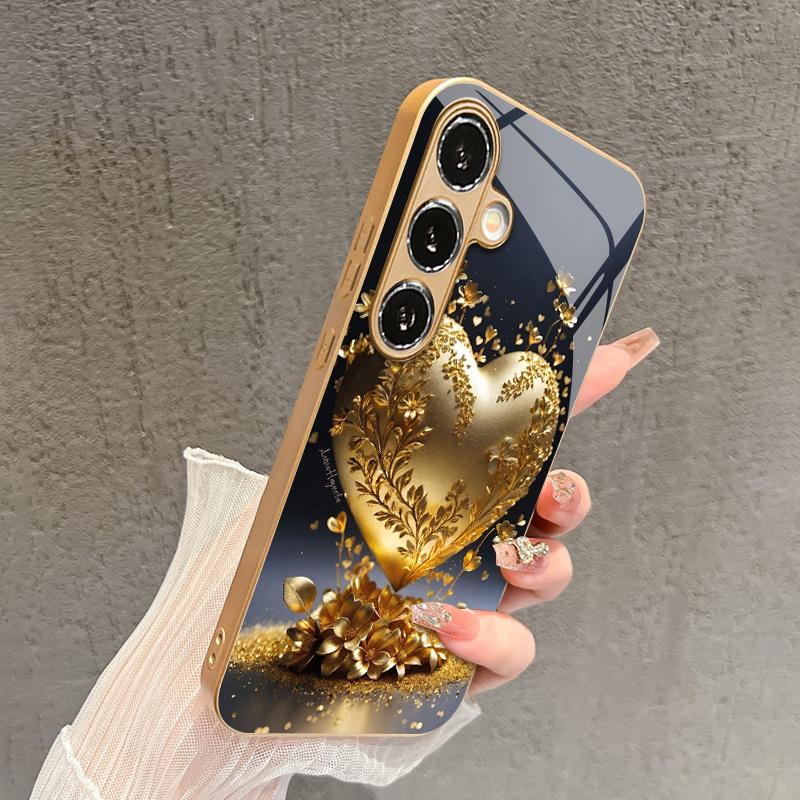 2D чехол для телефона Samsung S26 S25 S24 S23 S22 S21 S20 A56 A36 A16 с золотым сердцем и цветочным узором - Золотой стеклянный защитный чехол