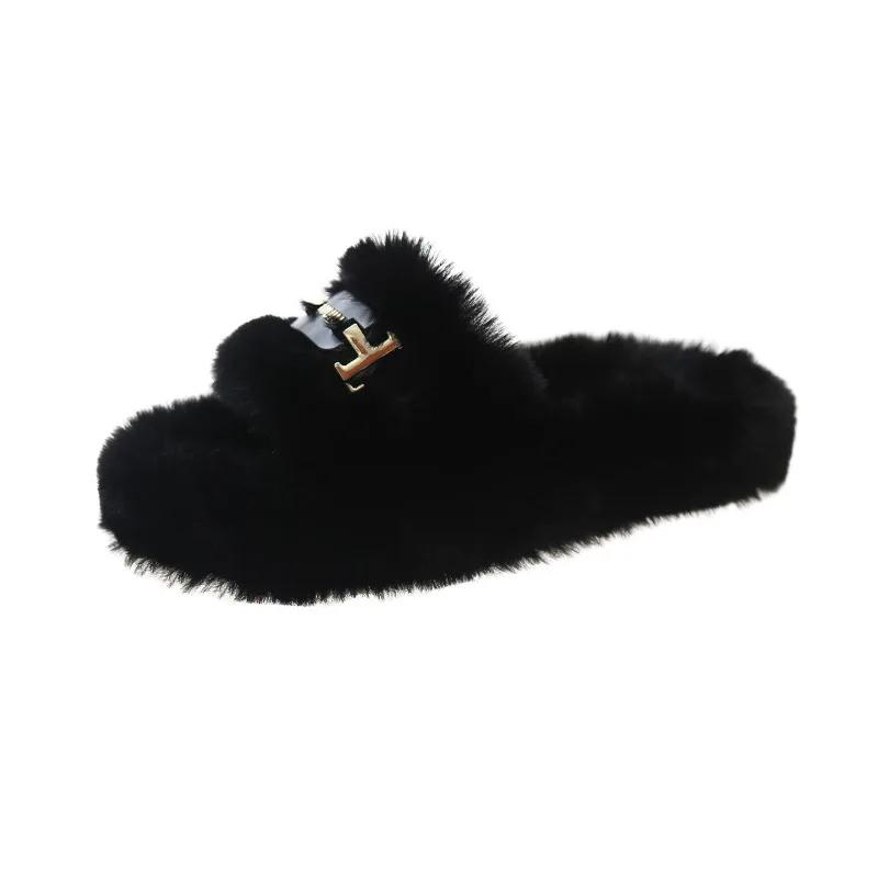Модные женские модные пушистые меховые тапочки Осень Зима Уютные с открытым носком Тренд Плюшевая домашняя обувь Женские уличные на плоской подошве Теплые меховые шлепанцы