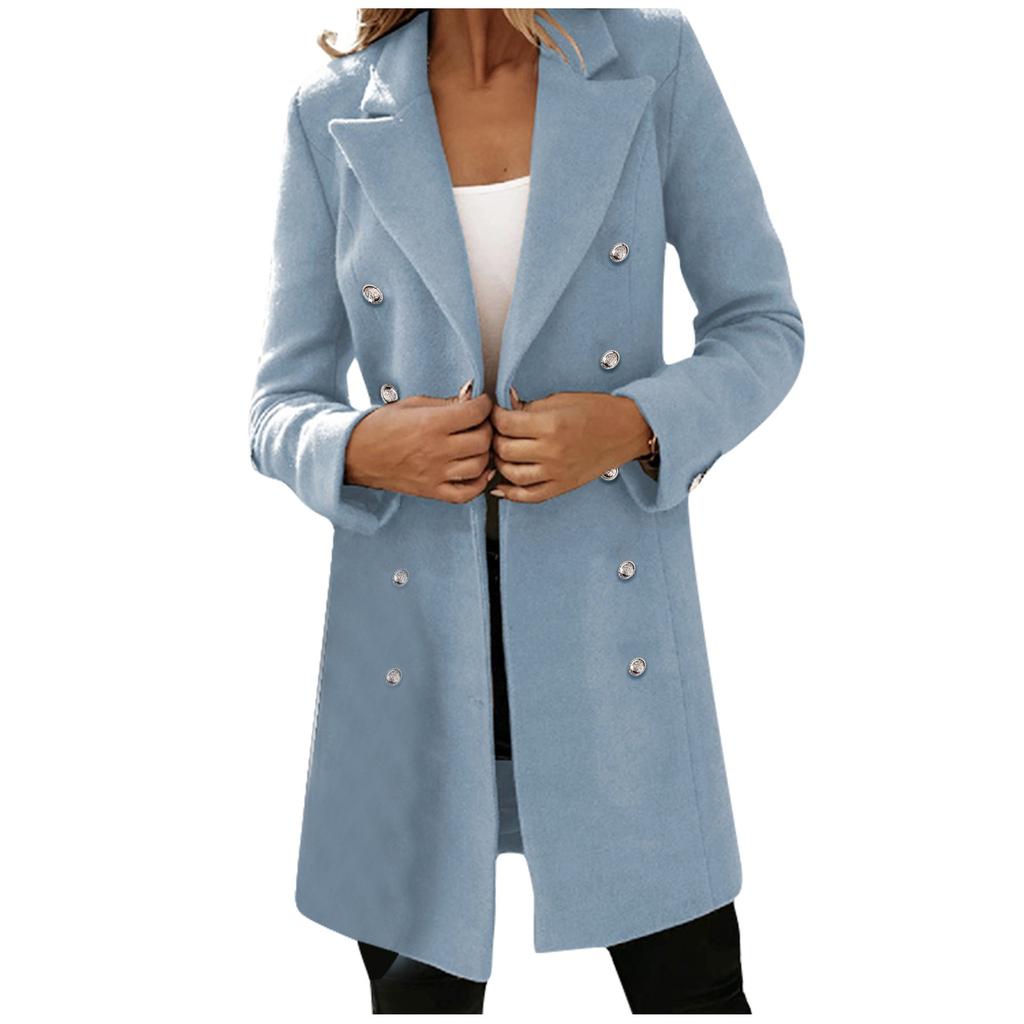 Женская мода с длинным рукавом и двойной пуговицей шерстяное пальто осень и зима