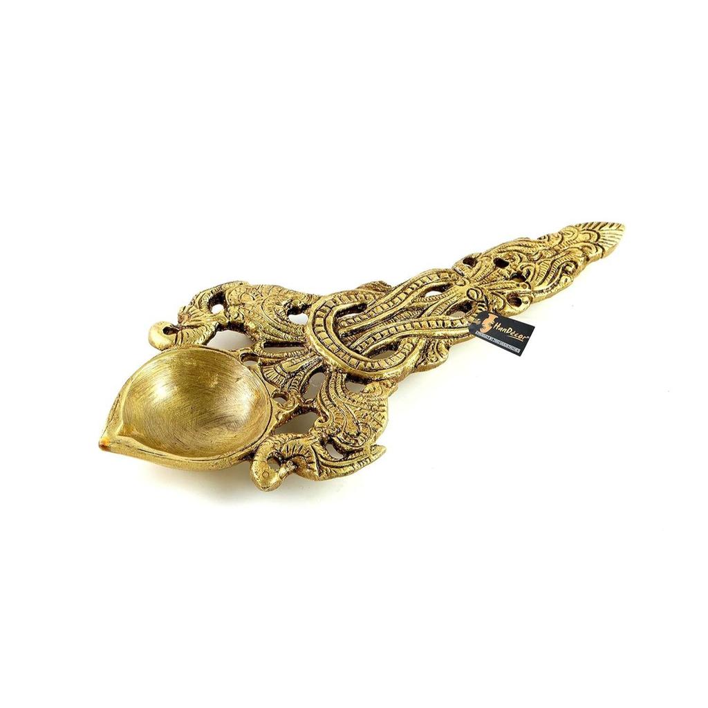 Twin Peacock Design Round Brass Pooja Aarti Spoon, Hawan Spoon for Pouring Ghee In Hawan Kund, Antique Yellow NEW