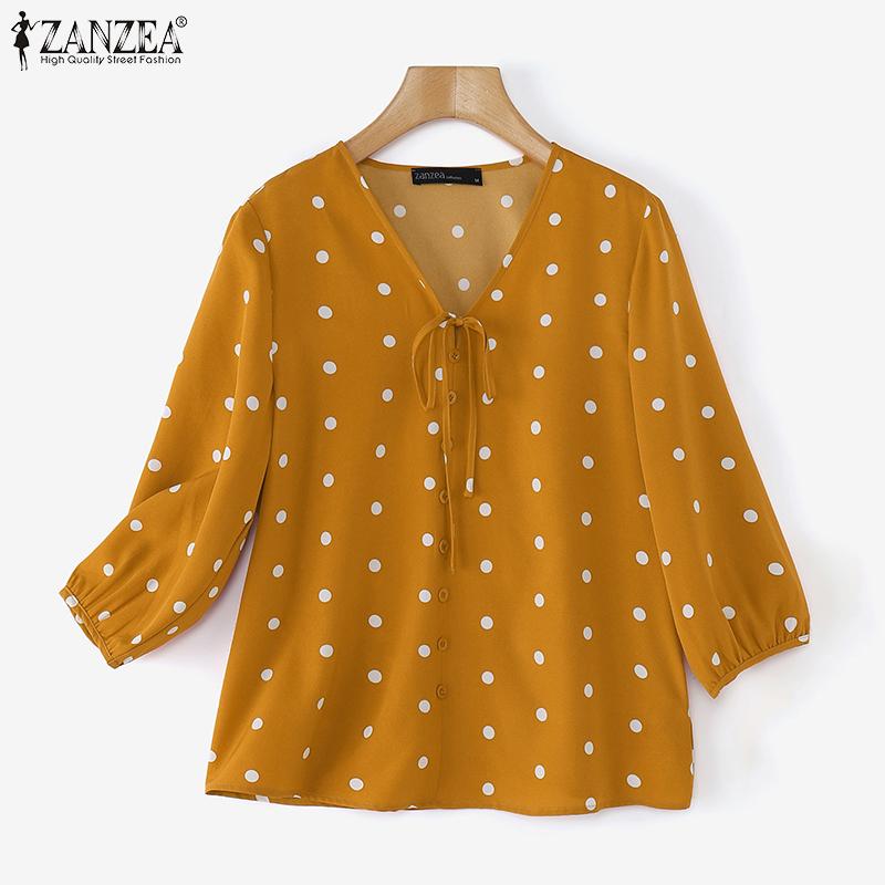 ZANZEA Женские летние рубашки с V-образным вырезом и рукавом 3/4 в горошек