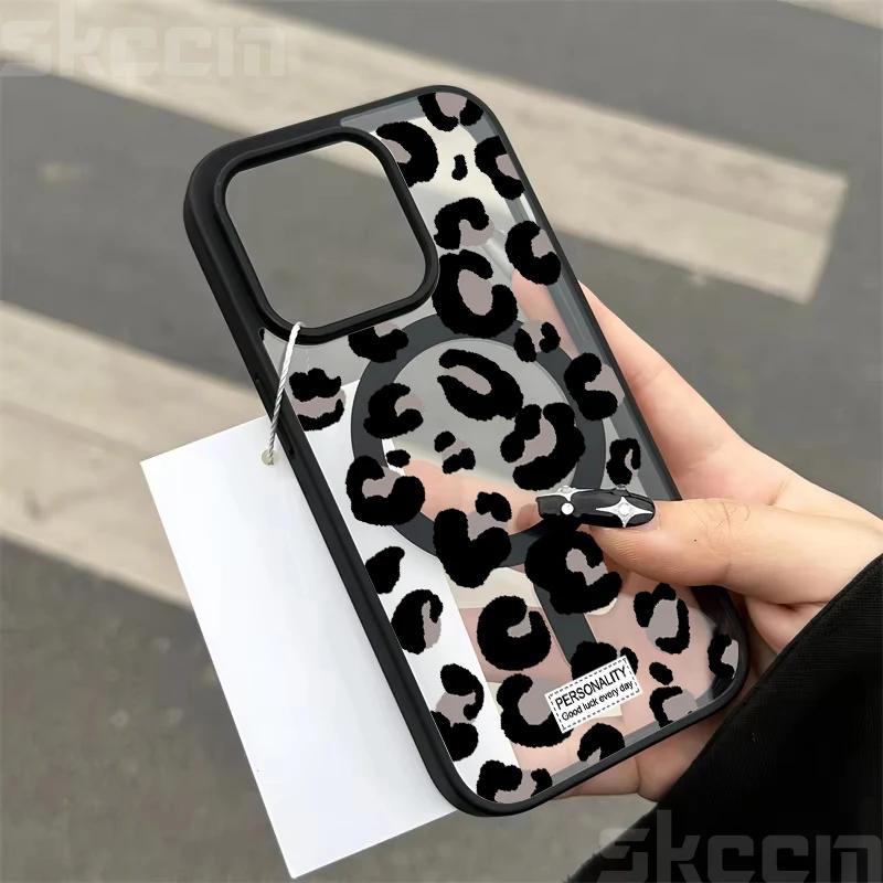 Прозрачный чехол с леопардовым принтом для iPhone 16 15 14 13 12 11 Pro Max Plus XS XR 16E Матовый чехол с магнитом для беспроводной зарядки