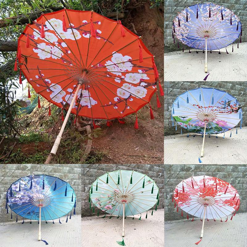 1PC with Tassel Classical Women's Umbrella for Hanfu Accessories Satin Cloth Photograph Props Fairy Ancient Parasol