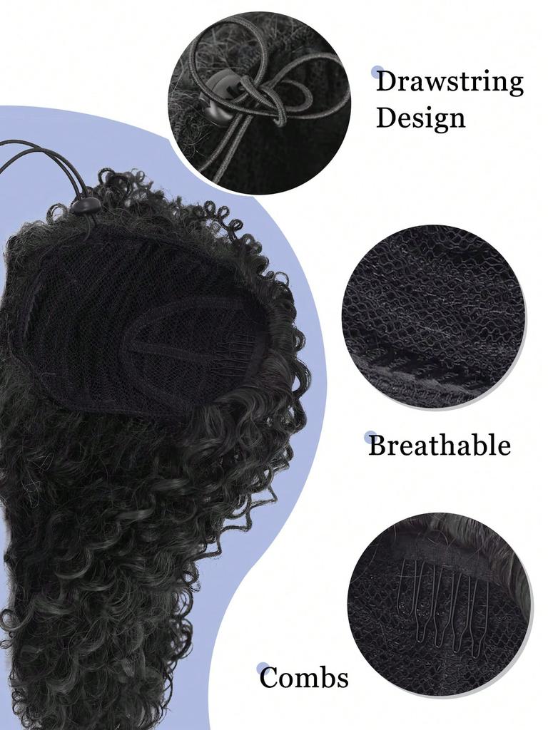 Synthetic Wigs Black 20-inch Drawstring Ponytail Deep Curly Heat Resistant Ponytail Extension Afro Style Kinky Curly Hair Pieces for Women
