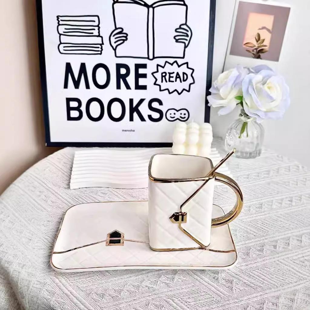 Diamond Bag Gold Plastered Coffee Cup Saucer Set Afternoon Tea Mug High End Ceramic Cup Exquisite Coffee Cup Set