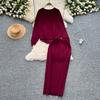 Two Piece Set Women Clothing Gentle Style Lazy Loose Fitting Pullover O Neck Long Sleeved Knitted Sweater Midi Bodycon Skirts