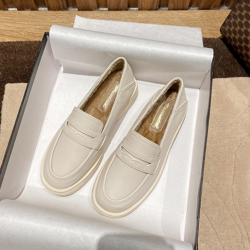 Мода 2025 Преппи Женские Маленькие Кожаные Туфли Зимние Хлопковые Меховые Балетки Теплые Лоферы Слипоны Traf Женские Оксфорды на Толстом Каблуке Большой Размер 34-44