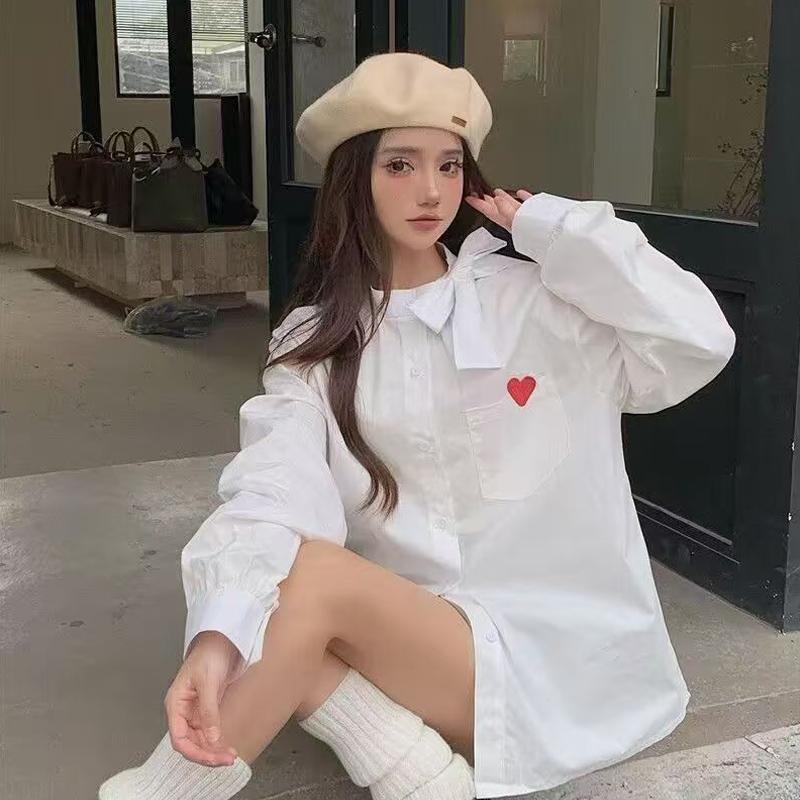 Love Embroidery Bow Long-sleeved White Shirt Female 2024 New Loose