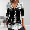 Women Autumn Music Notation Printed Long Sleeve T-Shirts Loose V-Neck Plus Size Tee Shirt Tops Comfy Blouse