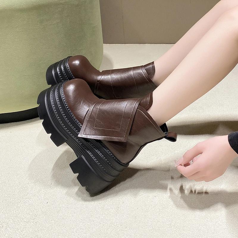 10СМ Женские кожаные ботильоны Осень Зима Каблуки Массивные кроссовки Высокая платформа Молния Мотоциклетные короткие ботинки 2025 Женские Боты