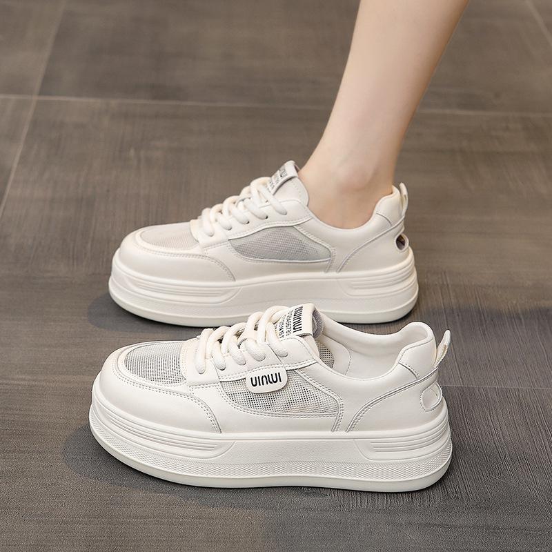 Cowhide version, genuine leather little white shoes, women's models, 2025 summer new thick-soled heightening women's shoes, mesh sports and leisure bo