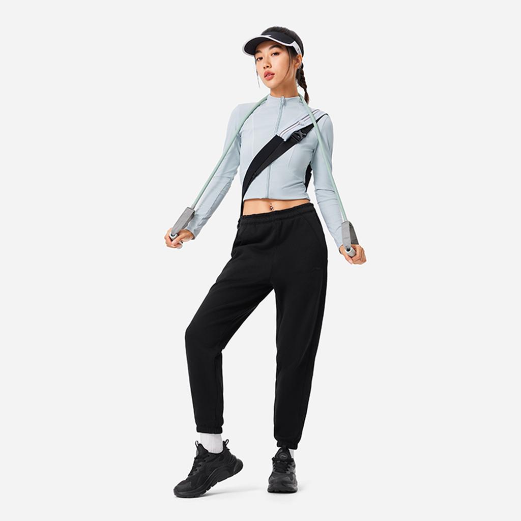 Li Ning Fitness Series, простые однотонные, со средней талией, удобные, с флисовой подкладкой, теплые, с манжетами, трикотажные спортивные брюки, женские брюки, черные AKLU592-2