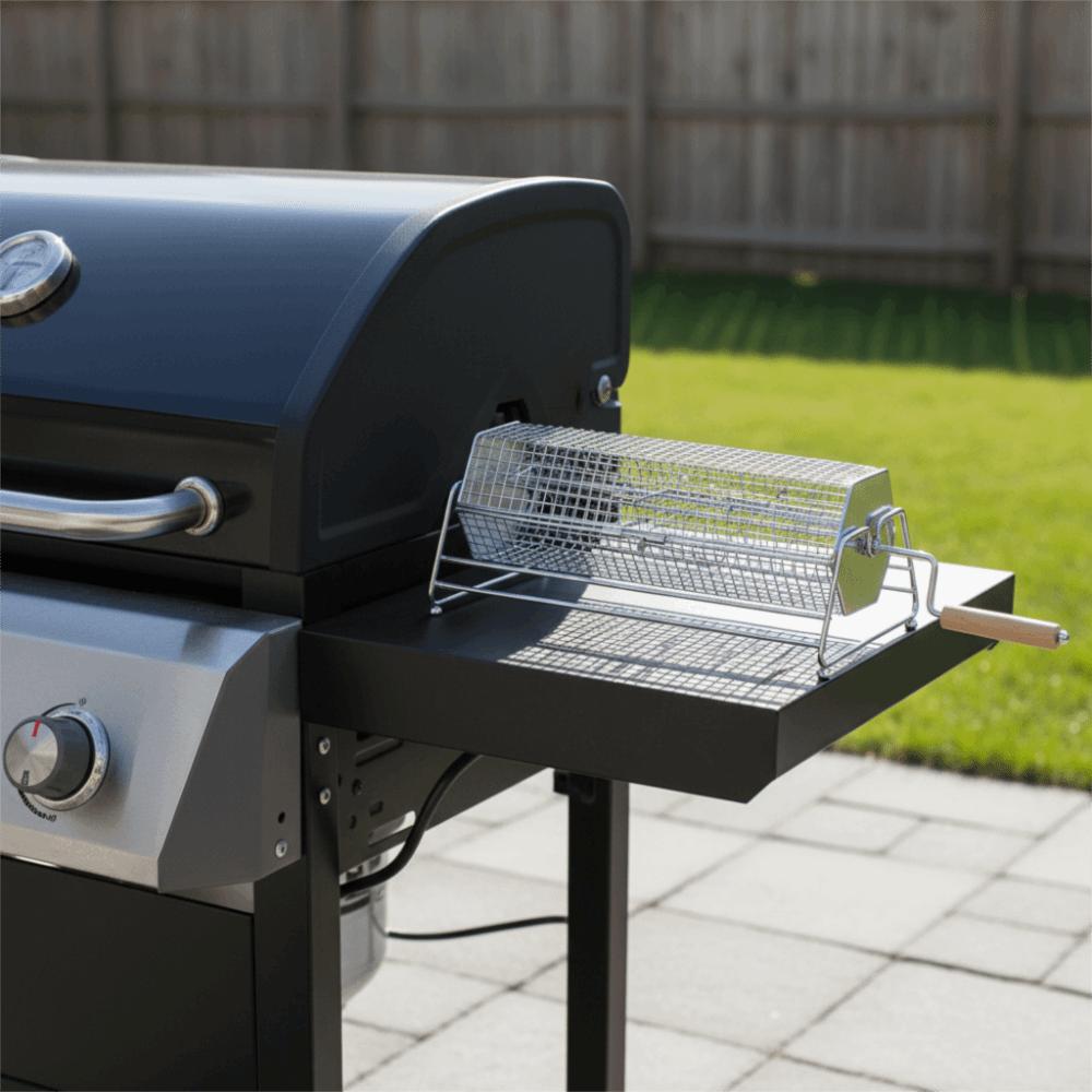 with Wood Handle Rotating Barbecue Cage Stainless Steel Grill Rotisserie Basket  Outdoor