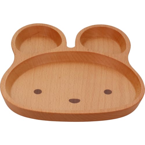 Children's Wooden Dish, Kids/Baby Plate, Divided Plate, Lunch Plate, Approx. 20 x 22 x 2 cm, Beech Wood with Rabbit Design, Natural Wood, V-112