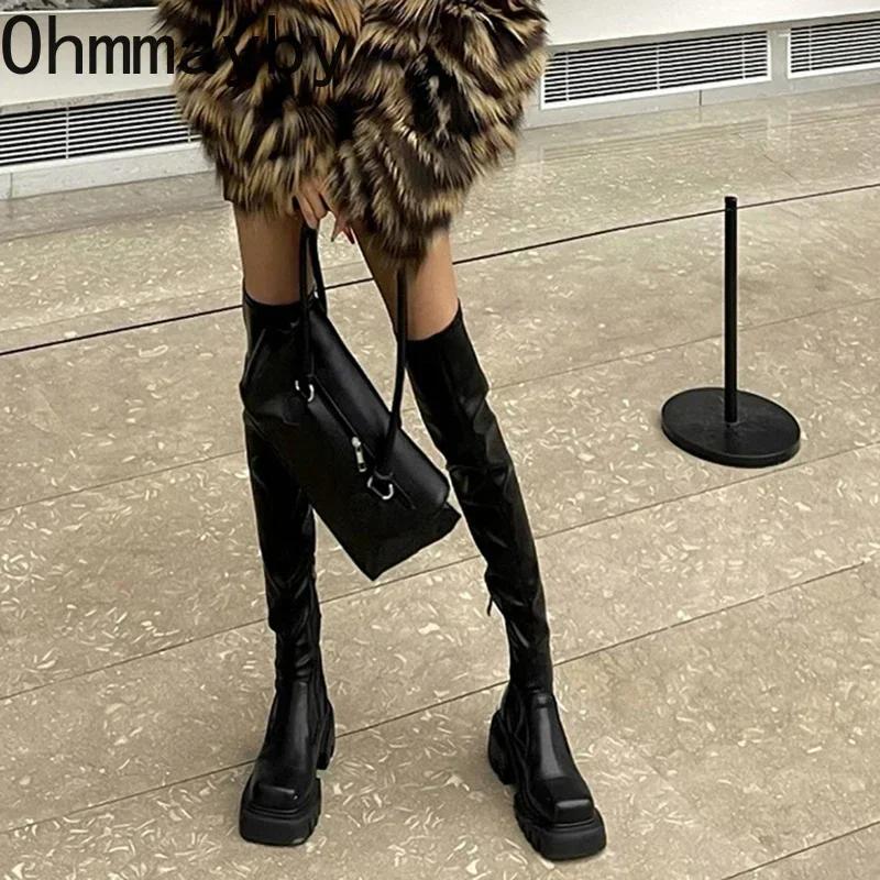 Fashion Elastic Slimming Women Over The Knee High Boots Fashion Back Zippers Shoes Square Heel Autumn Winter Ladies Knight Long Booties