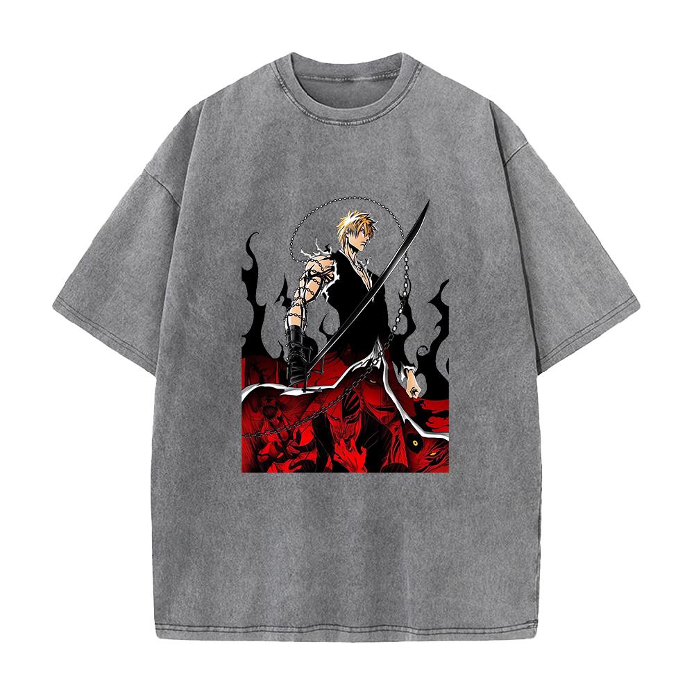 Kurosaki Ichigo BLEACH Clothing Men Women Short Sleeve Manga Tshirts Vintage Washed T Shirt Casual Cotton Tee Harajuku Tshirt