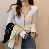 Fashionable and Fresh V-neck Elegant Ladies Knitted Sweater Bottoming Shirt, Spring and Autumn New Long-sleeved Wooden Ear Cardigan Bottoming Top
