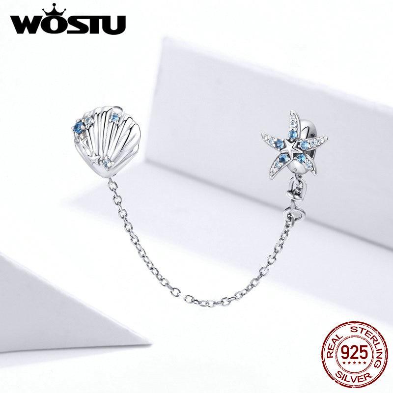 WOSTU Starfish Stopper Charms 925 Sterling Silver Tropical Starfish & Shell Safety Chain Charms