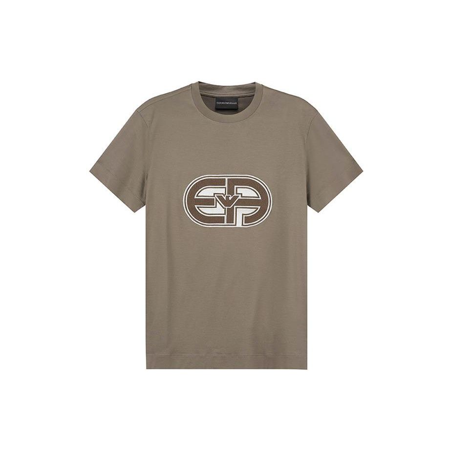 Emporio Armani Мужская футболка с вышитой нашивкой, круглым вырезом и коротким рукавом SS23, топ, хаки-коричневый, 3R1TV4-1JUVZ-0440