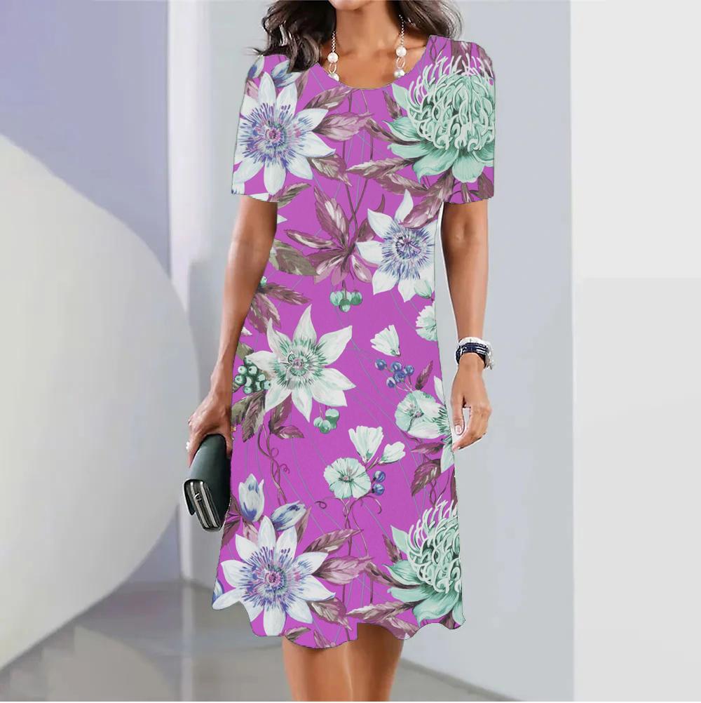 Платья для женщин больших размеров Boho с коротким рукавом и круглым вырезом с цветочным принтом и круглым вырезом миди-платье Элегантные женские платья для отдыха