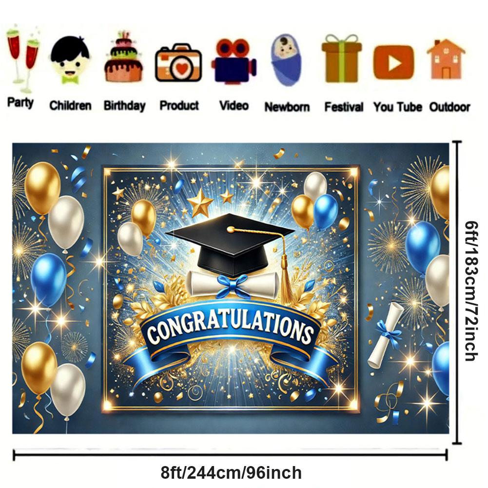 Wear Resist Congrats Grad Photo Backdrop 8x6ft 100D Polyester Colorful Bachelor Hat Banner for Indoor Outdoor Party Props