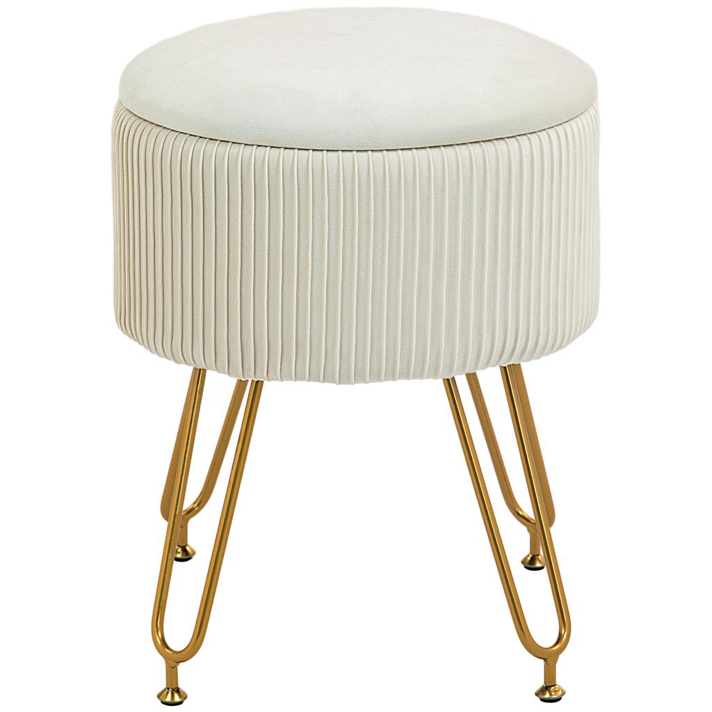 2-in-1 Storage Stool with Metal Legs, Round Footstool for Living Room, Bedroom, Hallway, Cream White