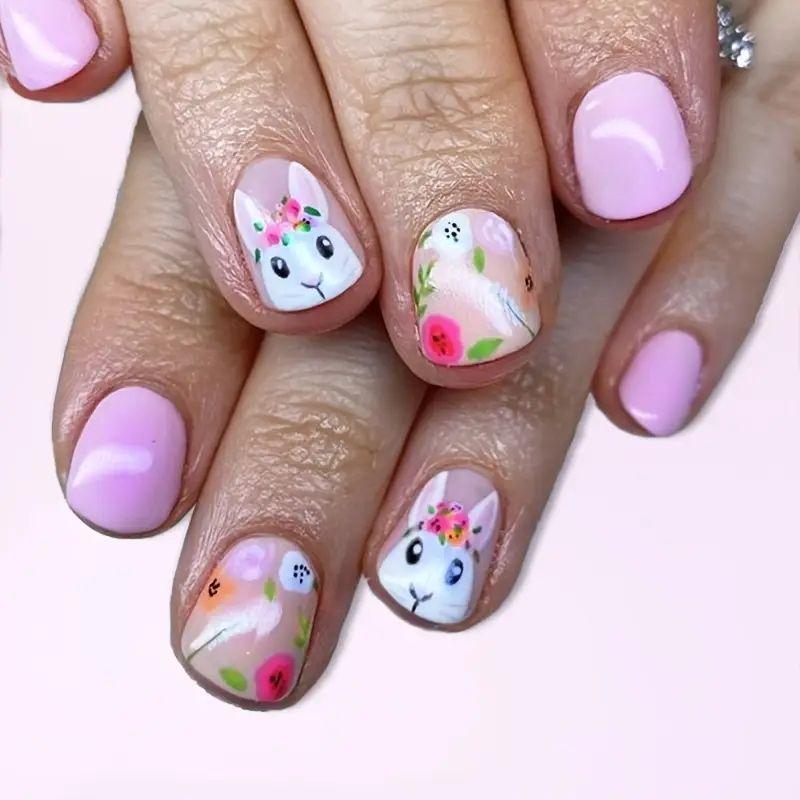 Nail Art 24 Pieces Easter Collection Cute Sweet French Bunny Short Wear Nail Art Pieces