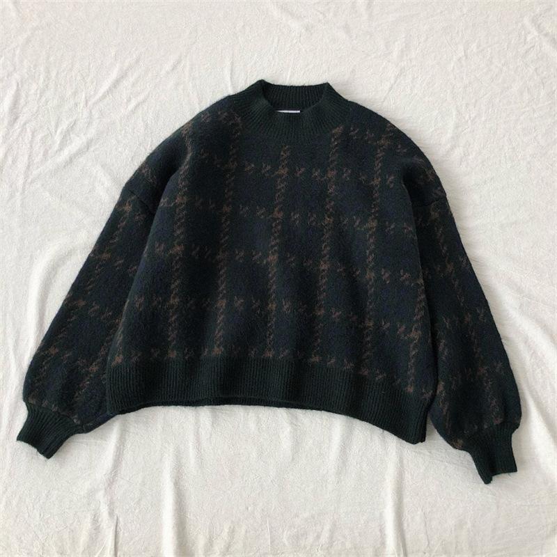 Women Thickened Retro Contrast Color Knitted Sweater Houndstooth Winter Loose Round Neck Pullover