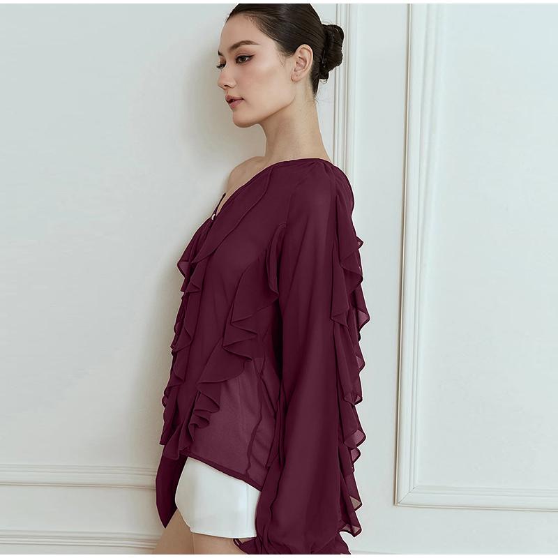 Модные женские рубашки с оборками, свободные, сексуальные, с V-образным вырезом, однобортные, с рукавами-фонариками, блузка 2025 года, весна-лето, женские уличные однотонные топы